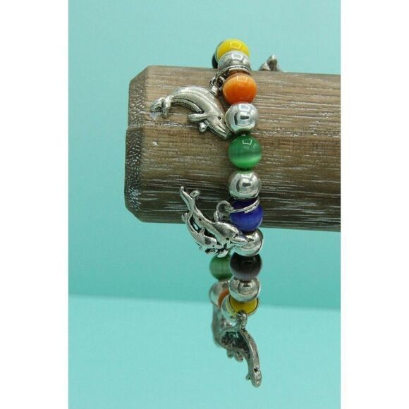 Beaded Bracelet Silver Tone DOLPHINS Multicolor S - Picture 2 of 2